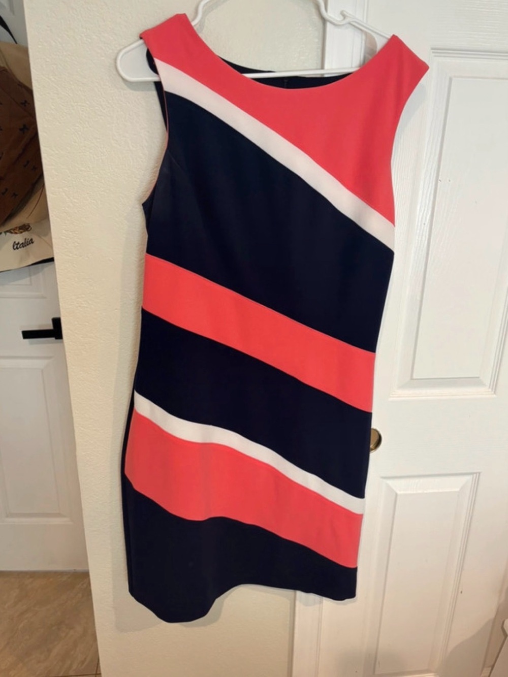 connected apparel Coral, Navy & White Diagonal-Stripe Midi Dress